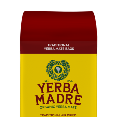 A package of Yerba Madre Organic Yerba Mate tea bags, labeled 'Traditional Air Dried' with 40 tea bags, featuring a red and yellow design and sustainability certification icons.